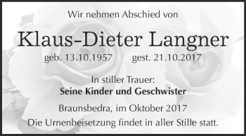 Traueranzeige von Klaus-Dieter Langner von WVG - Wochenspiegel Merseburg