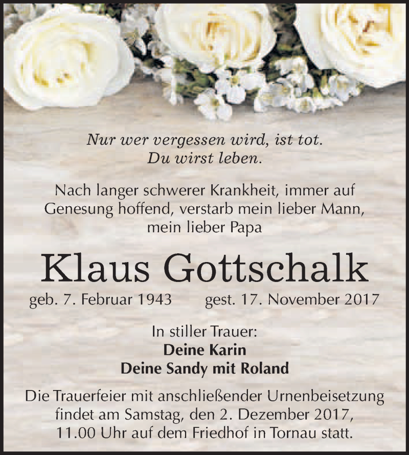  Traueranzeige für Klaus Gottschalk vom 25.11.2017 aus WVG - Wochenspiegel Wittenberg