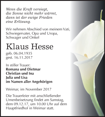 Traueranzeige von Klaus Hesse von Mitteldeutsche Zeitung