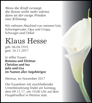 Traueranzeige von Klaus Hesse von Super Sonntag SGH Mansf. Land