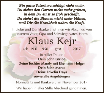 Traueranzeige von Klaus Kejr von Super Sonntag Zeitz