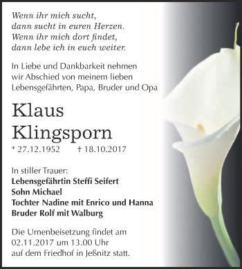 Traueranzeige von Klaus Klingsporn von WVG - Wochenspiegel Bitterfeld