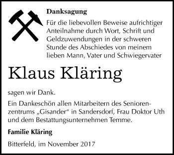 Traueranzeige von Klaus Kläring von Mitteldeutsche Zeitung Bitterfeld