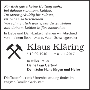 Traueranzeige von Klaus Kläring von WVG - Wochenspiegel Bitterfeld