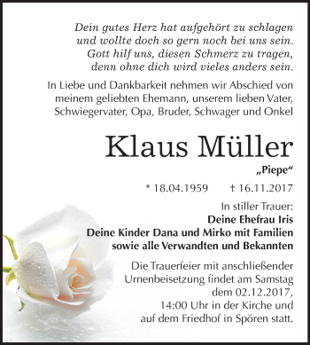 Traueranzeige von Klaus Müller von Mitteldeutsche Zeitung Bitterfeld