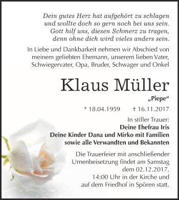Traueranzeige von Klaus Müller von WVG - Wochenspiegel Bitterfeld