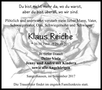 Traueranzeige von Klaus Reiche von Mitteldeutsche Zeitung Sangerhausen