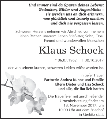 Traueranzeige von Klaus Schock von Super Sonntag Bernburg