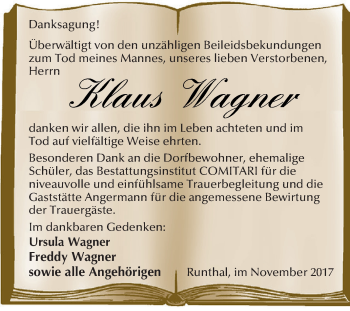 Traueranzeige von Klaus Wagner von WVG - Wochenspiegel NMB / WSF / ZTZ