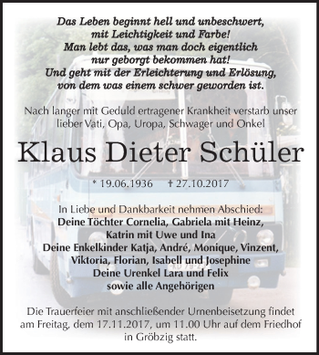 Traueranzeige von Klaus Dieter Schüler von Mitteldeutsche Zeitung Köthen