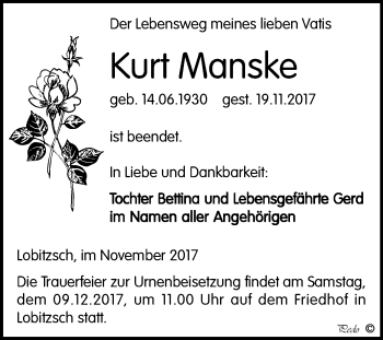 Traueranzeige von Kurt Manske von Mitteldeutsche Zeitung Weißenfels