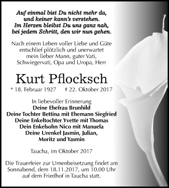 Traueranzeige von Kurt Pflocksch von Mitteldeutsche Zeitung Weißenfels