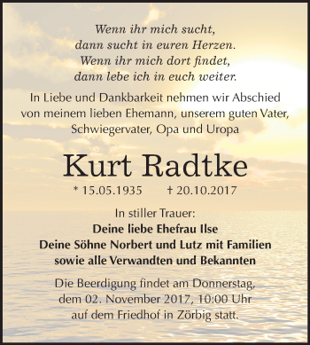 Traueranzeige von Kurt Radtke von Mitteldeutsche Zeitung Köthen