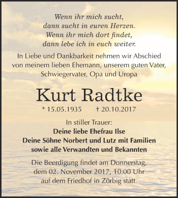 Traueranzeige von Kurt Radtke von WVG - Wochenspiegel Bitterfeld