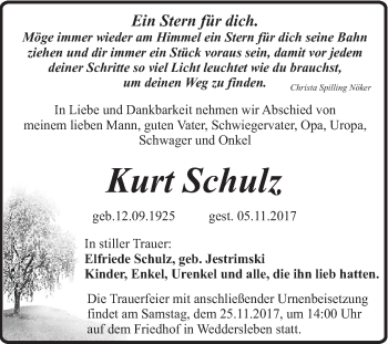 Traueranzeige von Kurt Schulz von Super Sonntag Quedlinburg