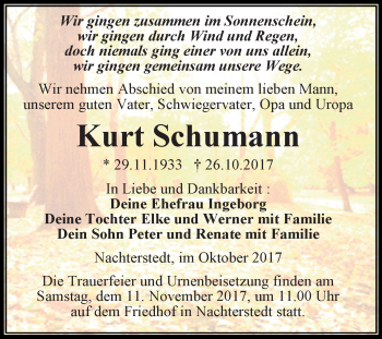 Traueranzeige von Kurt Schumann von Super Sonntag Aschersleben