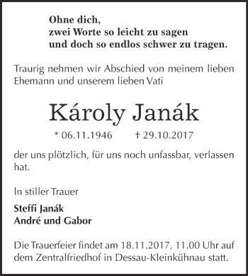 Traueranzeige von Károly Janák von WVG - Wochenspiegel Dessau / Köthen