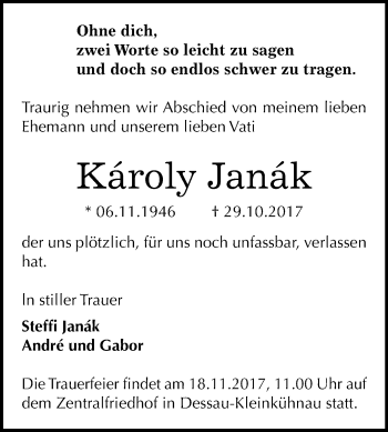 Traueranzeige von Károly Janák von Mitteldeutsche Zeitung Dessau-Roßlau