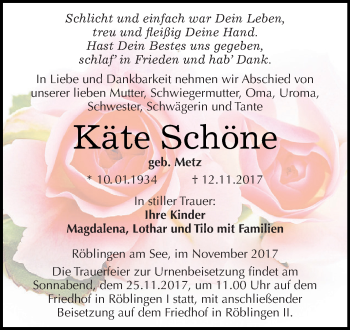 Traueranzeige von Käte Schöne von Super Sonntag SGH Mansf. Land