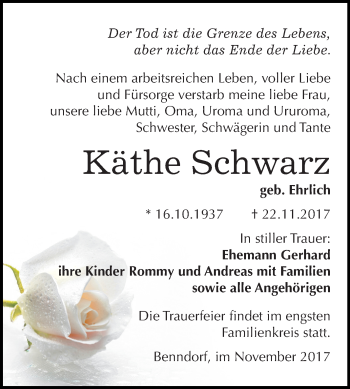 Traueranzeige von Käthe Schwarz von Mitteldeutsche Zeitung