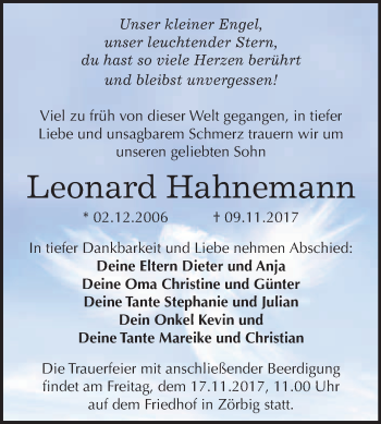 Traueranzeige von Leonard Hahnemann von WVG - Wochenspiegel Bitterfeld