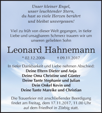 Traueranzeige von Leonard Hahnemann von Mitteldeutsche Zeitung Bitterfeld