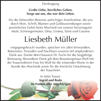 Traueranzeige von Liesbeth Müller von Mitteldeutsche Zeitung Weißenfels
