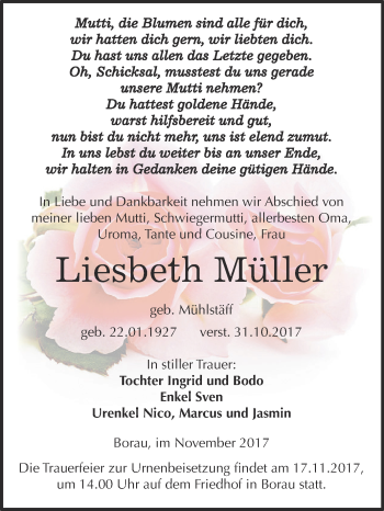 Traueranzeige von Liesbeth Müller von WVG - Wochenspiegel NMB / WSF / ZTZ