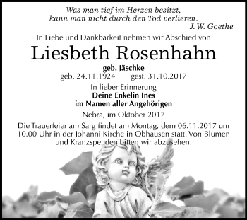 Traueranzeige von Liesbeth Rosenhahn von Mitteldeutsche Zeitung