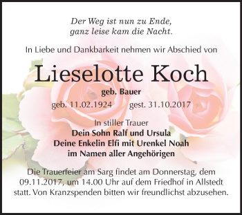 Traueranzeige von Lieselotte Koch von Mitteldeutsche Zeitung Sangerhausen