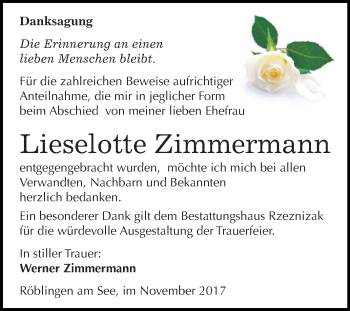 Traueranzeige von Lieselotte Zimmermann von Wochenspiegel Mansfelder Land