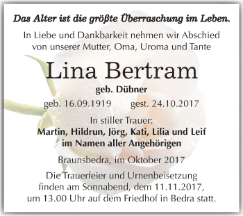 Traueranzeige von Lina Bertram von Mitteldeutsche Zeitung Merseburg/Querfurt