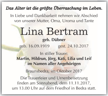 Traueranzeige von Lina Bertram von WVG - Wochenspiegel Merseburg
