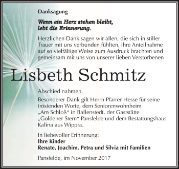 Traueranzeige von Lisbeth Schmitz von WVG - Wochenspiegel Quedlinburg