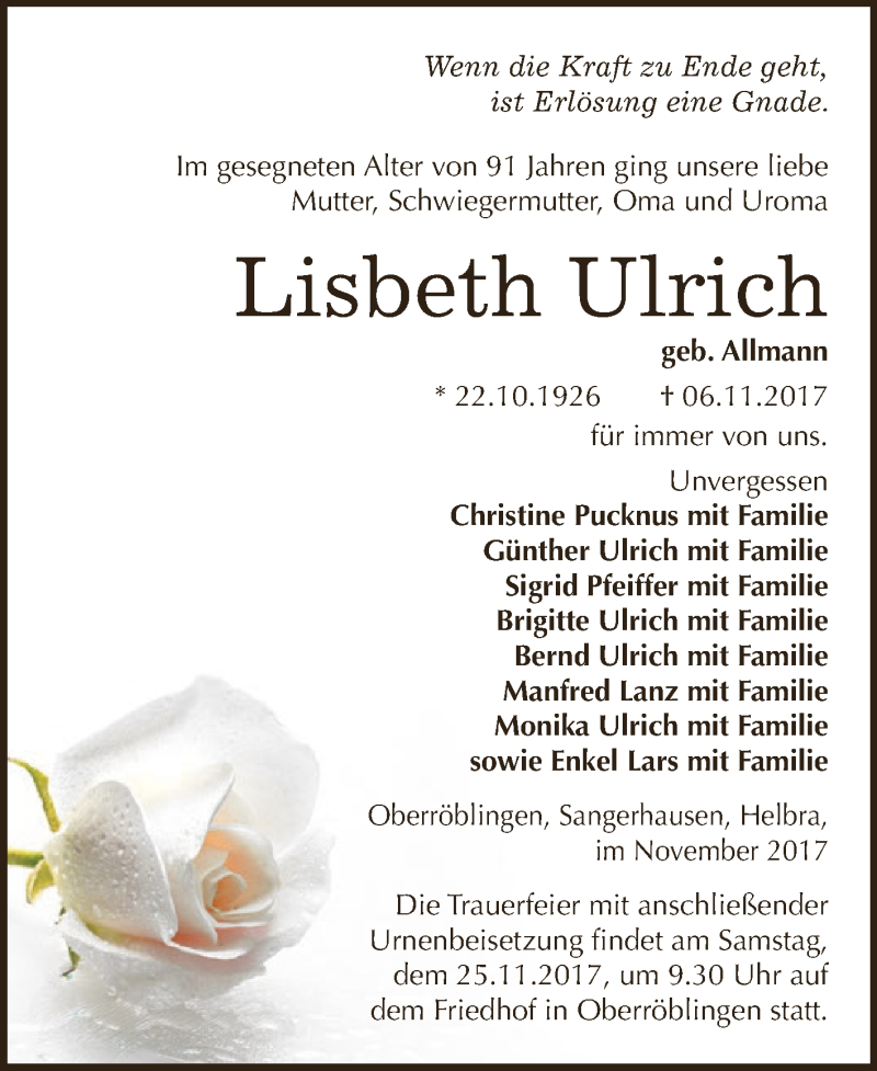  Traueranzeige für Lisbeth Ulrich vom 11.11.2017 aus Super Sonntag SGH Mansf. Land