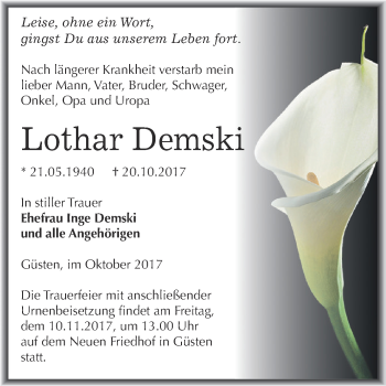 Traueranzeige von Lothar Demski von Super Sonntag Bernburg