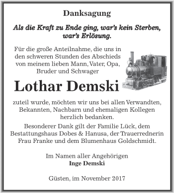 Traueranzeige von Lothar Demski von Super Sonntag Bernburg