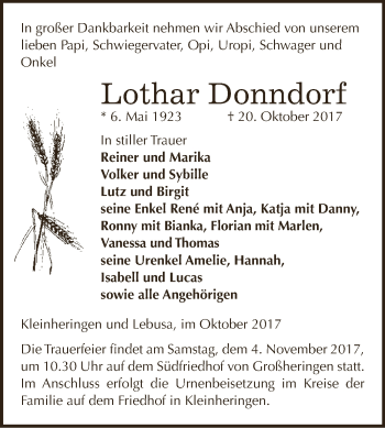 Traueranzeige von Lothar Donndorf von WVG - Wochenspiegel NMB / WSF / ZTZ