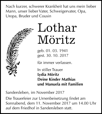 Traueranzeige von Lothar Möritz von Mitteldeutsche Zeitung