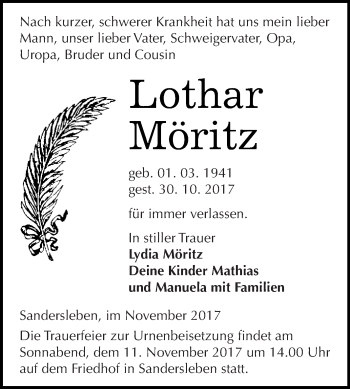 Traueranzeige von Lothar Möritz von Wochenspiegel Mansfelder Land