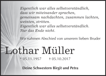Traueranzeige von Lothar Müller von WVG - Wochenspiegel Bitterfeld