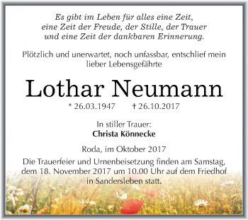 Traueranzeige von Lothar Neumann von Wochenspiegel Mansfelder Land