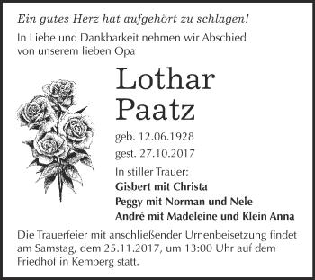 Traueranzeige von Lothar Paatz von WVG - Wochenspiegel Wittenberg