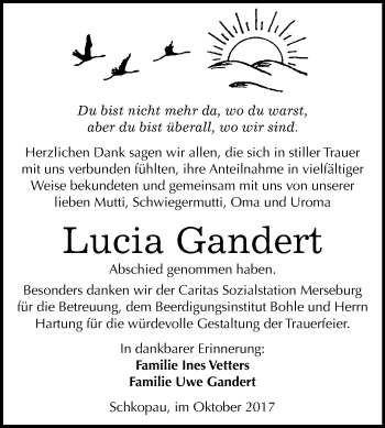 Traueranzeige von Lucia Gandert von Mitteldeutsche Zeitung Merseburg/Querfurt