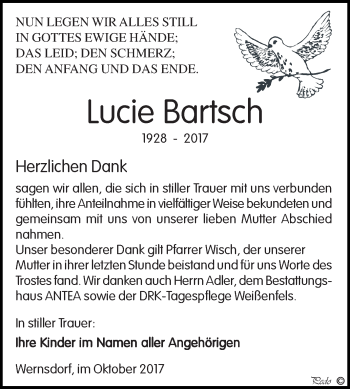 Traueranzeige von Lucie Bartsch von WVG - Wochenspiegel NMB / WSF / ZTZ