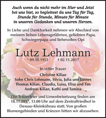 Traueranzeige von Lutz Lehmann von Mitteldeutsche Zeitung Dessau-Roßlau