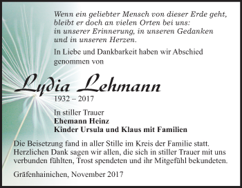 Traueranzeige von Lydia Lehmann von Mitteldeutsche Zeitung