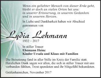 Traueranzeige von Lydia Lehmann von Super Sonntag Wittenberg