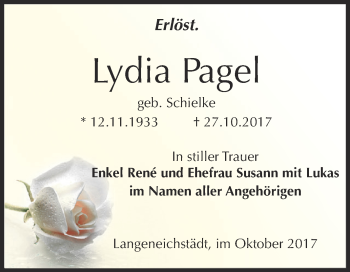 Traueranzeige von Lydia Pagel von WVG - Wochenspiegel NMB / WSF / ZTZ