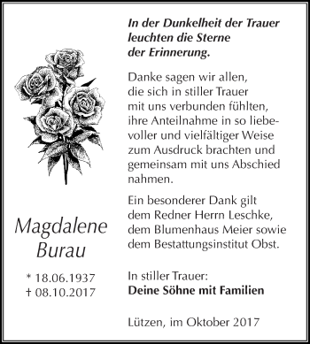 Traueranzeige von Magdalene Burau von Super Sonntag Merseburg